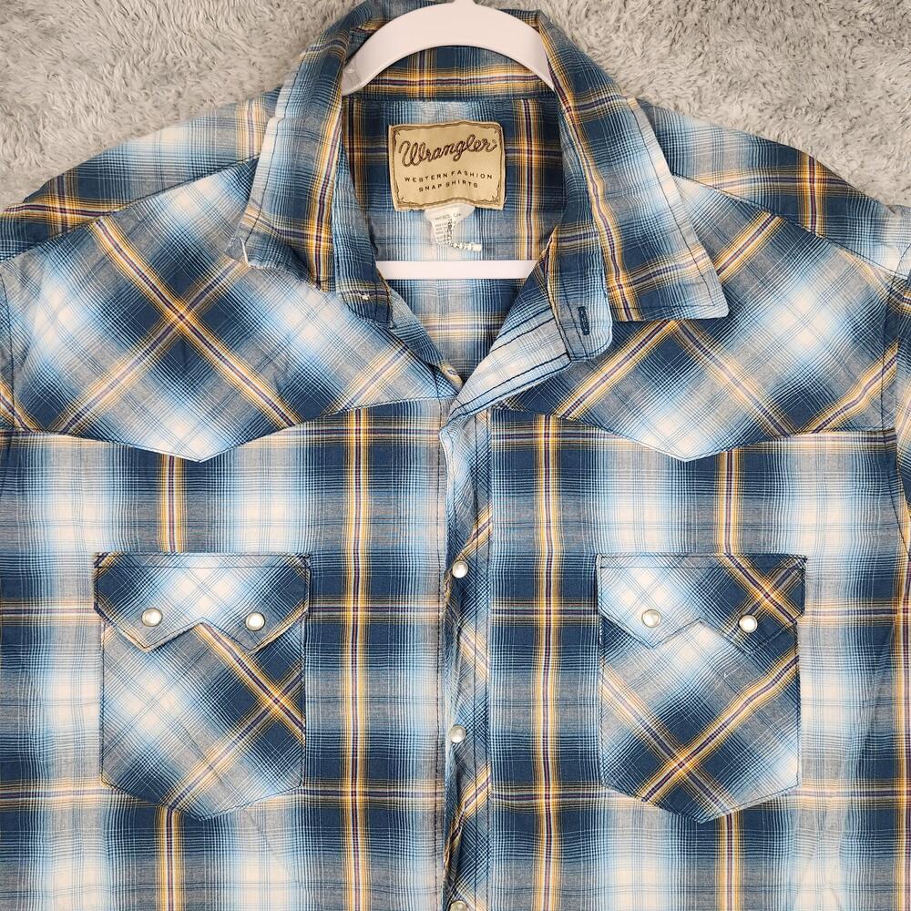 Wrangler Western Shirt Mens XL Blue Plaid Pearl Snap Sawtooth Pockets Cowboy